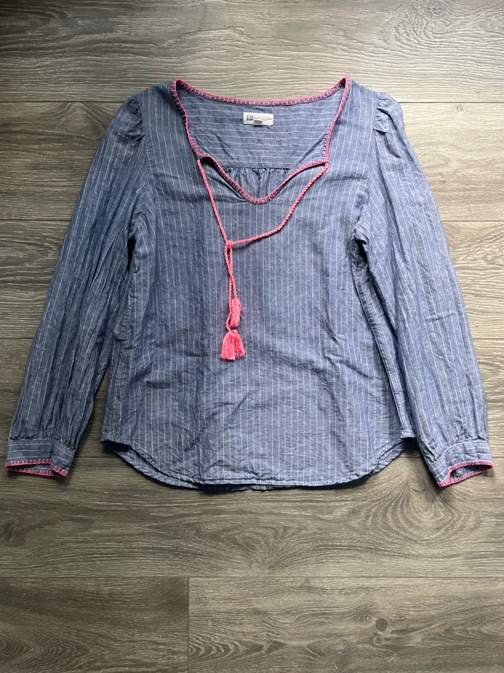 Gap Blue Pink Striped Linen Cotton Blend Long Sleeve Blouse Top Costal Size M
